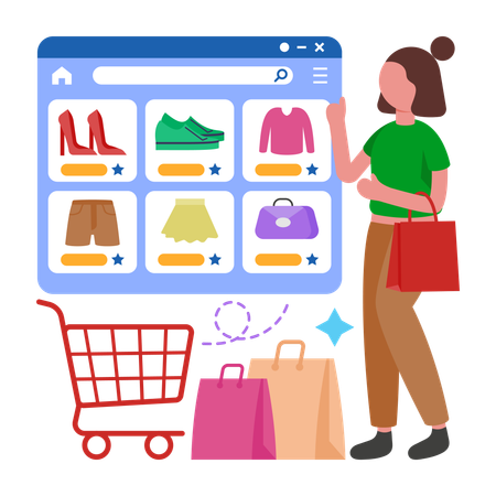 Girl visiting Online Storefront  Illustration
