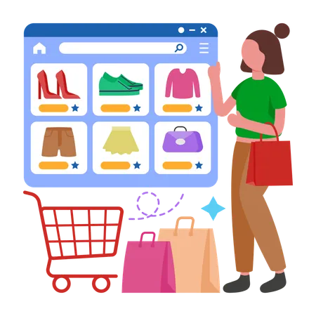 Girl visiting Online Storefront  Illustration