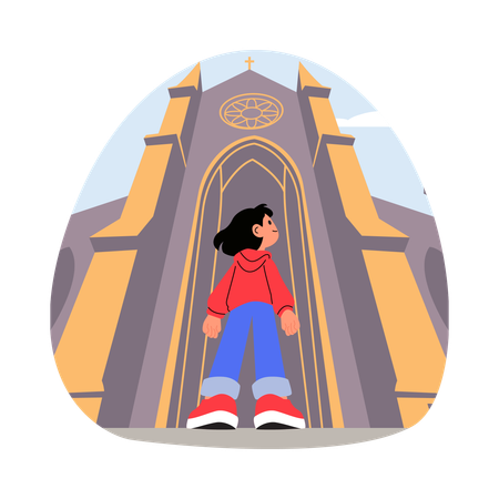 Girl Visiting Paris Cathedral  Illustration