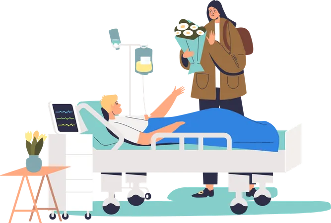 Girl Visiting Patient In Hospital Sick Man Lying On Hospital Bed In Clinic Room With Female Visitor Holding Flowers Cartoon Flat Vector Illustration イラスト