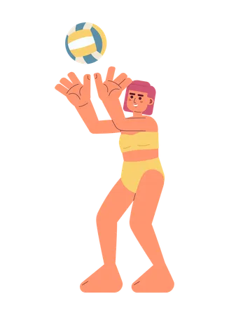 Girl Volleyball Player Passing Volley Ball Semi Flat Colorful Vector Character Swimsuit Woman At Beach Editable Full Body Person On White Simple Cartoon Spot Illustration For Web Graphic Design Illustration