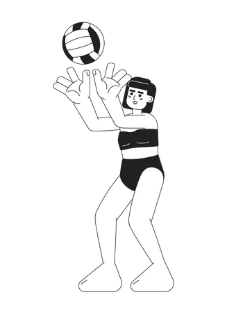 Girl Volleyball Player Passing Volley Ball Monochromatic Flat Vector Character Swimsuit Woman Beach Editable Thin Line Full Body Person On White Simple Bw Cartoon Spot Image For Web Graphic Design Illustration