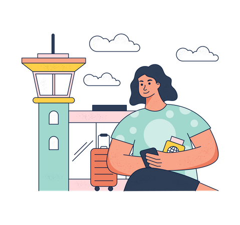 Girl waiting at airport with a suitcase  Illustration