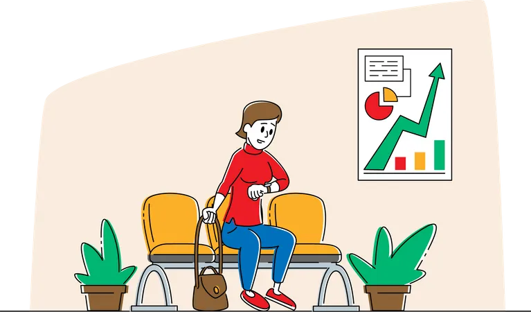 Woman Character Sitting In Hall Looking On Wrist Watch Waiting Appointment In Bank Electronic Queue System Customer Or Business Woman Prepare For Banking Financial Deal Linear Vector Illustration Illustration