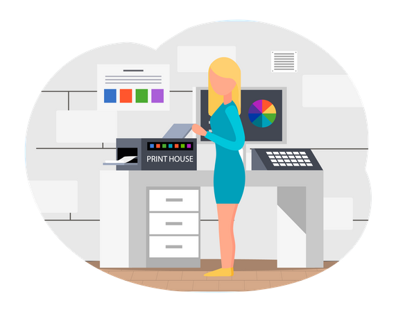 Girl waiting printer finish to print and standing near printing machine  Illustration