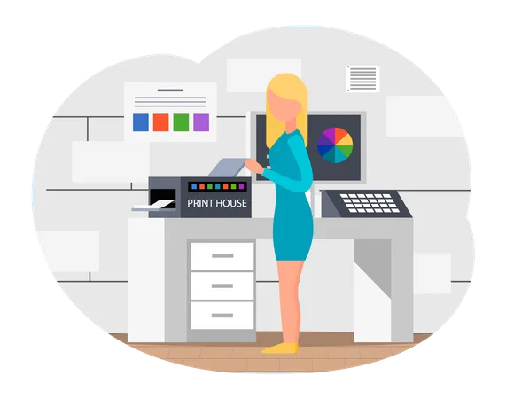 Girl waiting printer finish to print and standing near printing machine  Illustration