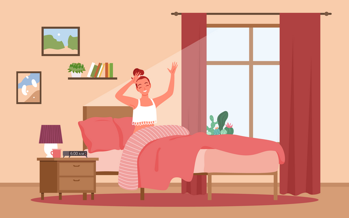 Girl waking up in morning with fresh mood  Illustration
