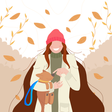 Girl walk in autumn with dog Illustration