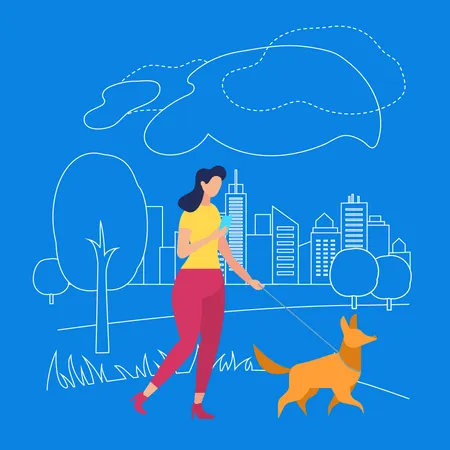 Girl Walk with Pet in Park, Summertime in City  Illustration