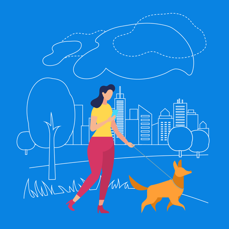 Girl Walk with Pet in Park, Summertime in City  Illustration