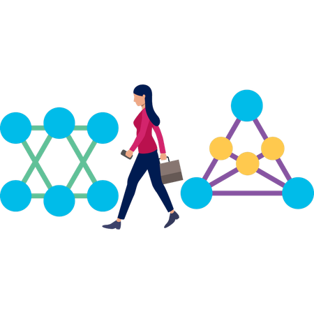 Girl walking and thing about atoms  Illustration