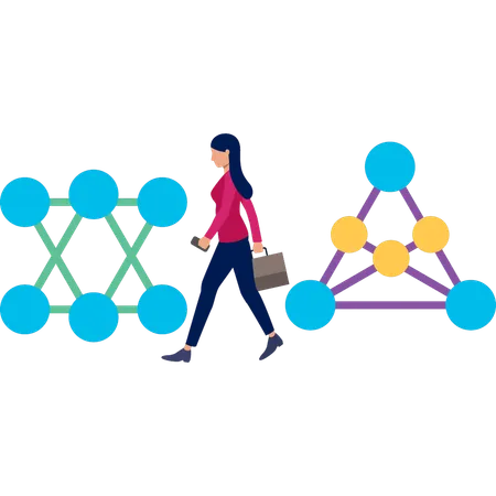 Girl walking and thing about atoms  Illustration