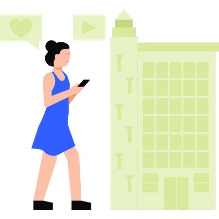 Girl walking and using mobile Illustration
