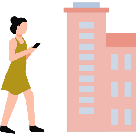 Girl walking and using mobile on road  Illustration