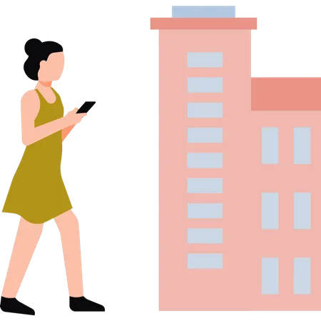 Girl walking and using mobile on road  Illustration