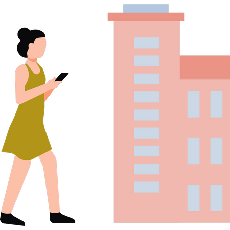 Girl walking and using mobile on road  Illustration