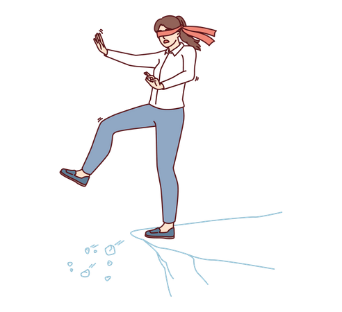 Girl walking blindly towards failure path  Illustration