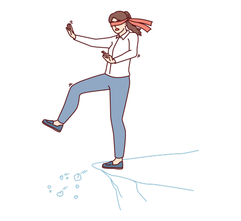 Girl walking blindly towards failure path  Illustration