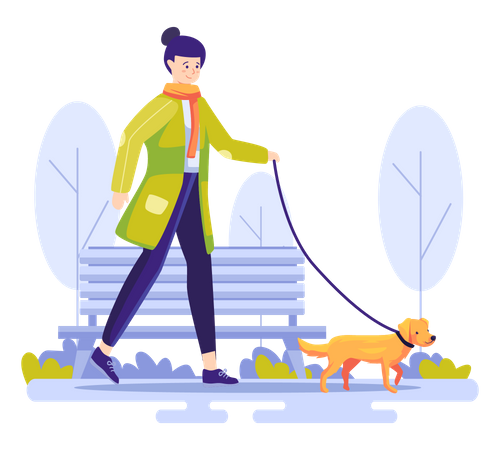 Girl walking dog in park Illustration