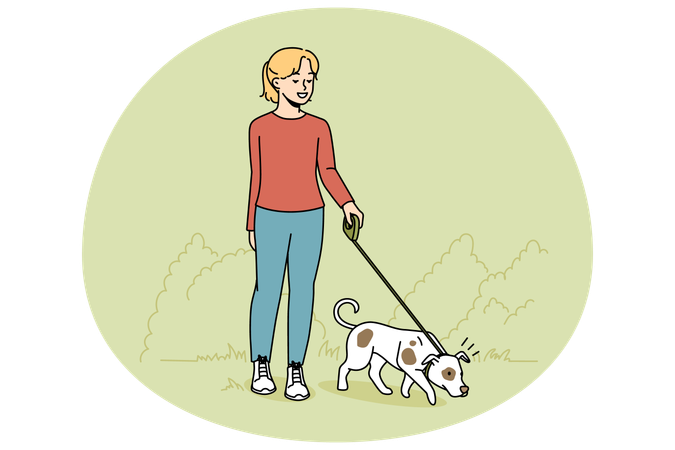 Girl walking dog on leash  Illustration