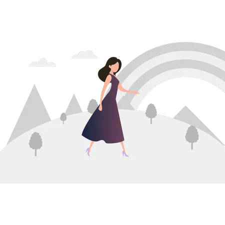Girl walking in rainbow season  Illustration