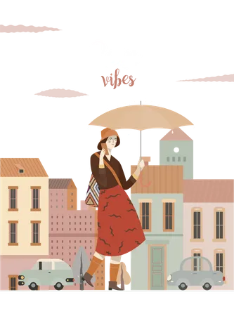 Girl walking in rainy day Illustration