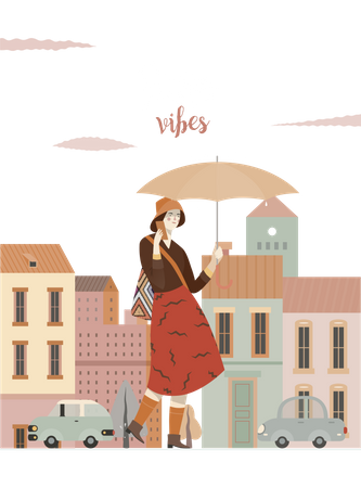 Girl walking in rainy day  Illustration