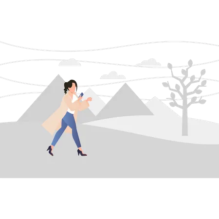 The Girl Is Walking In Windy Weather Illustration