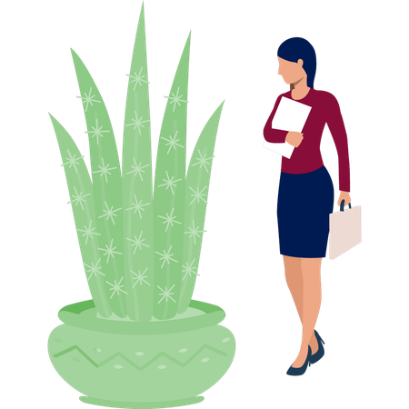 Girl walking near cactus succulent plant  Illustration