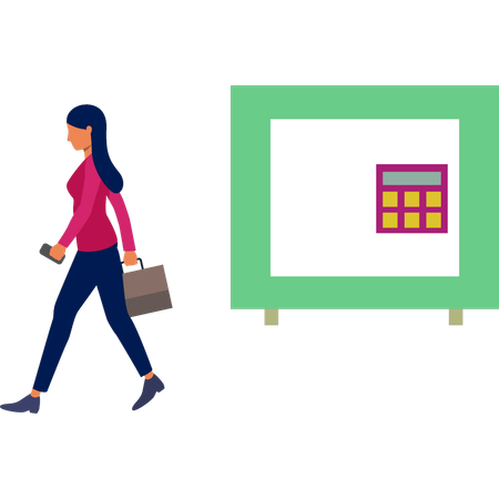 Girl walking near calculator board  Illustration