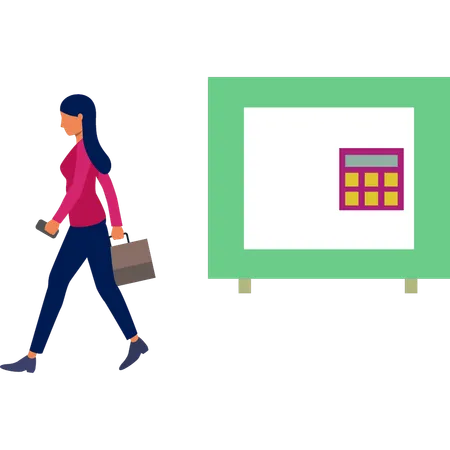 Girl walking near calculator board  Illustration