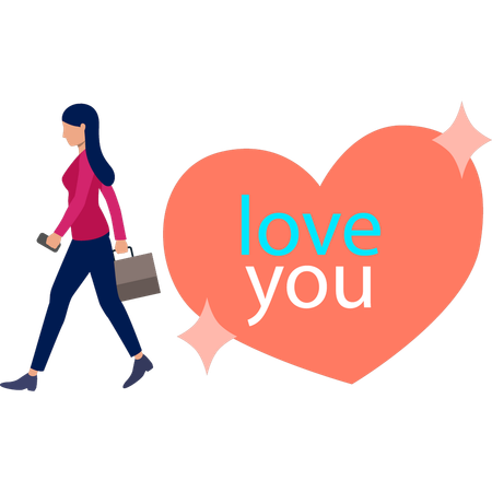 Girl walking near love heart  Illustration