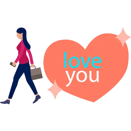 Girl walking near love heart  Illustration