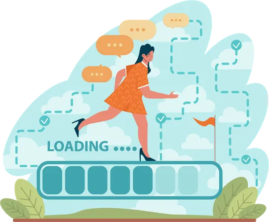 Girl walking on loading process for achieve goal  Illustration