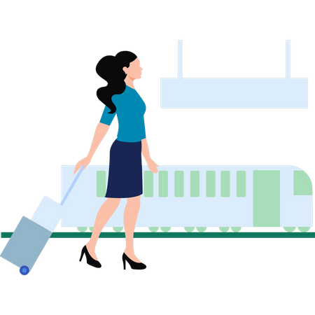 Girl walking on railway station with suitcase  Illustration