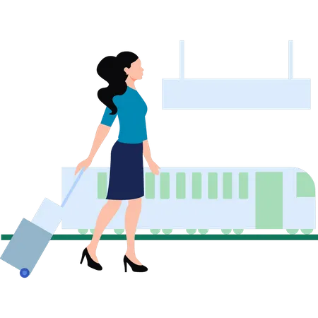 Girl walking on railway station with suitcase  Illustration