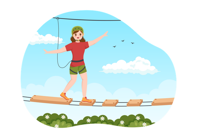Girl walking on rope bridge Illustration