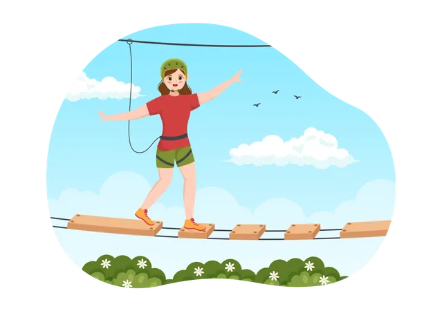 Girl walking on rope bridge  Illustration