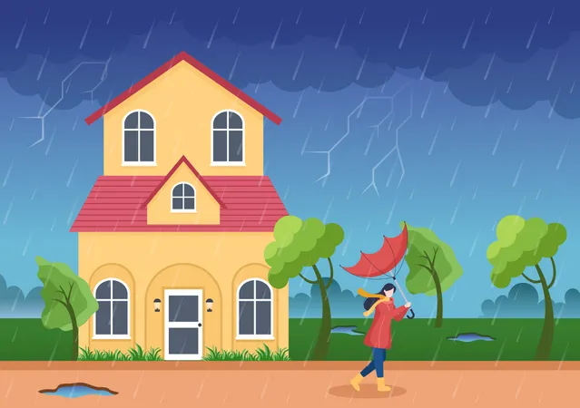 Girl walking out in thunderstorm Illustration