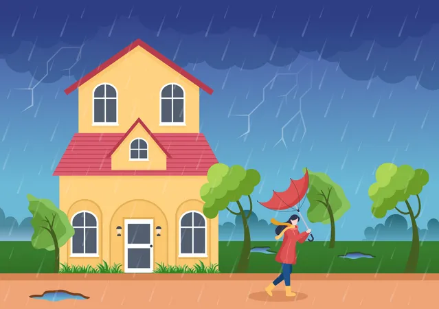 Girl walking out in thunderstorm  Illustration