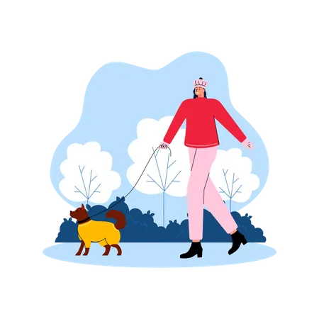 Girl walking outside with puppy in winter Illustration