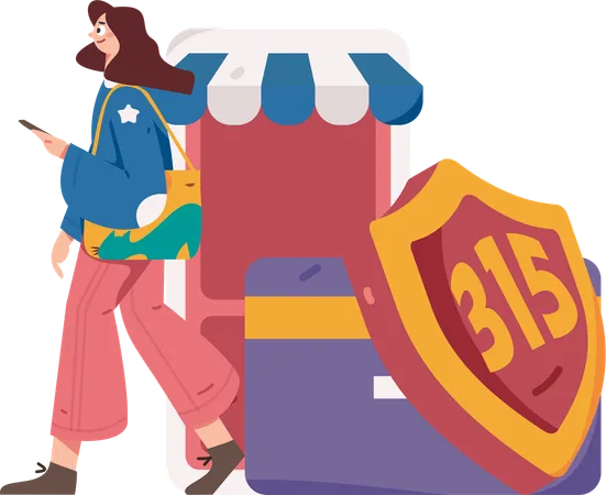 Girl walking while doing secure payment of shopping protection  Illustration