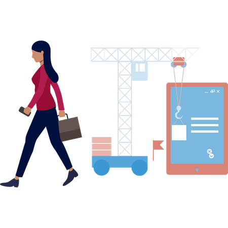 Girl walking while finding computer web address  Illustration