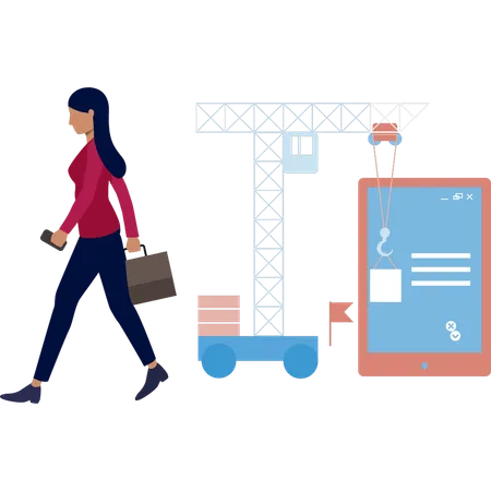 Girl walking while finding computer web address  Illustration