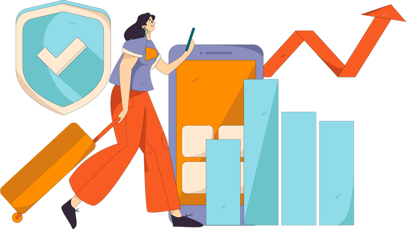 Girl walking while looking financial growth in mobile  Illustration