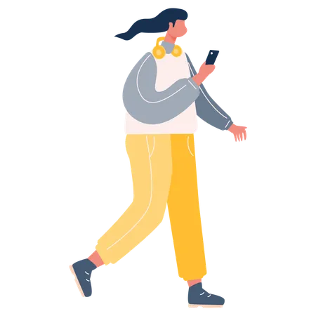 Girl walking while using phone  Illustration