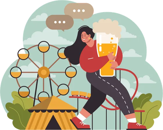 Girl walking with beer glass  Illustration