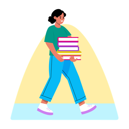 Girl walking with books stack  Illustration
