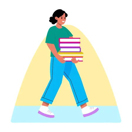 Girl walking with books stack  Illustration