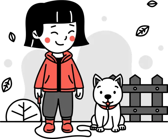 Girl Walking with Dog  イラスト